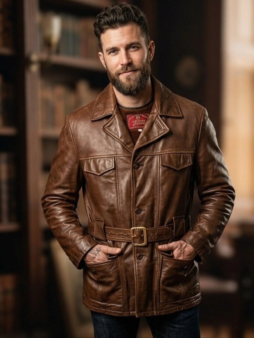 Vintage Hickory Brown  Brown Gen. Leather Field Jacket Size 42 ) Trench 1970s